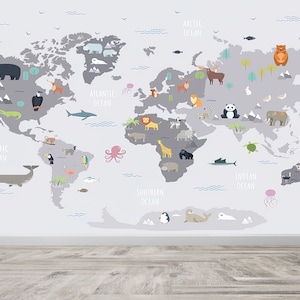 Carta da parati educativa, mappa del mondo con animali, murale per cameretta, adesivi murali con mappa del mondo, carta da parati rimovibile, carta da parati regalo