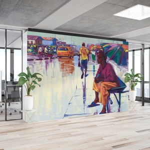 May include: A colorful painting depicting a street scene in a city. The painting features a yellow van, a person walking, and a person sitting on a bench. The painting is done in a vibrant style with bold colors and brushstrokes.