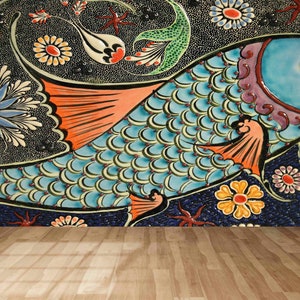 Mosaic Fish Effect Wall Decals, Animal Mural, Blue Wall Decor, Wallpaper Border, Colorful Wall Mural, Stick On Wallpaper Art Deco,Mosaic Art