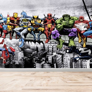 Carta da parati murale con skyline di supereroi – Decorazione murale a fumetti staccabile e attaccabile per la cameretta dei ragazzi, la camera dei bambini o la sala giochi