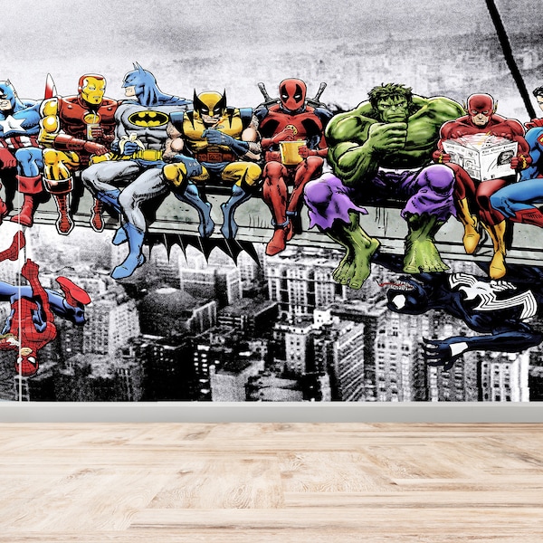 Superhero Skyline Wallpaper Mural: Comic Peel and Stick Wall Art
