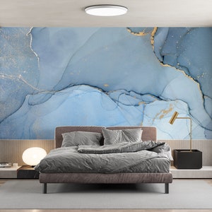 3D Wall Paper, Gold Marble Mural, Blue Tones Marble Wall Decor, Paper ...