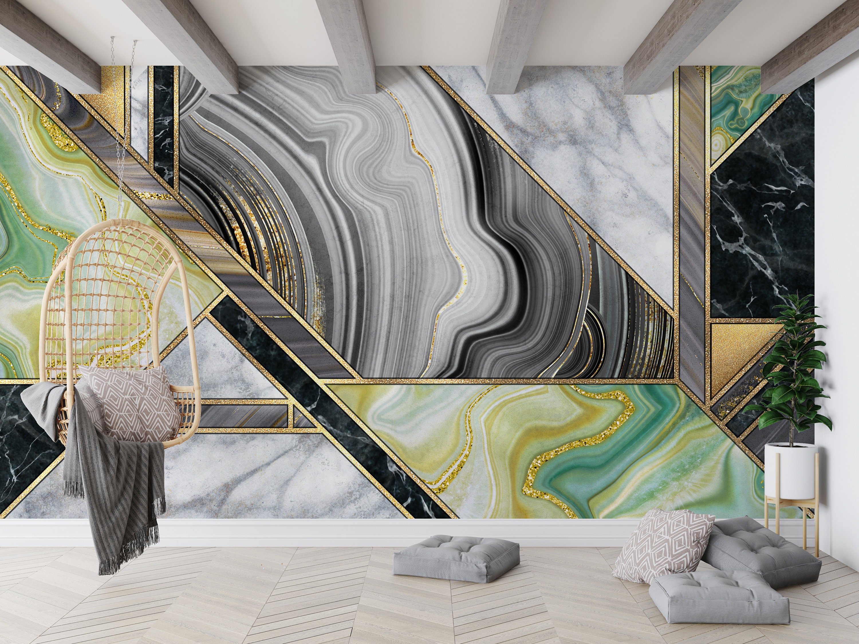 Green Marble Mural, 3D Wall Decor, Alcohol Ink Wall Mural, Green Wall Decor, Green And Gray Marble Mural, Removable Wall Decor,