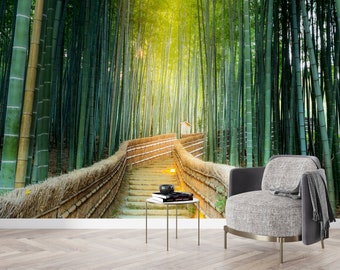 Green Landscape Wall Art, Bamboo Landscape Wall Mural, Bamboo Forest Paper Craft, View Paper Craft, Bright Wall Paper, Forest Wall Decor,