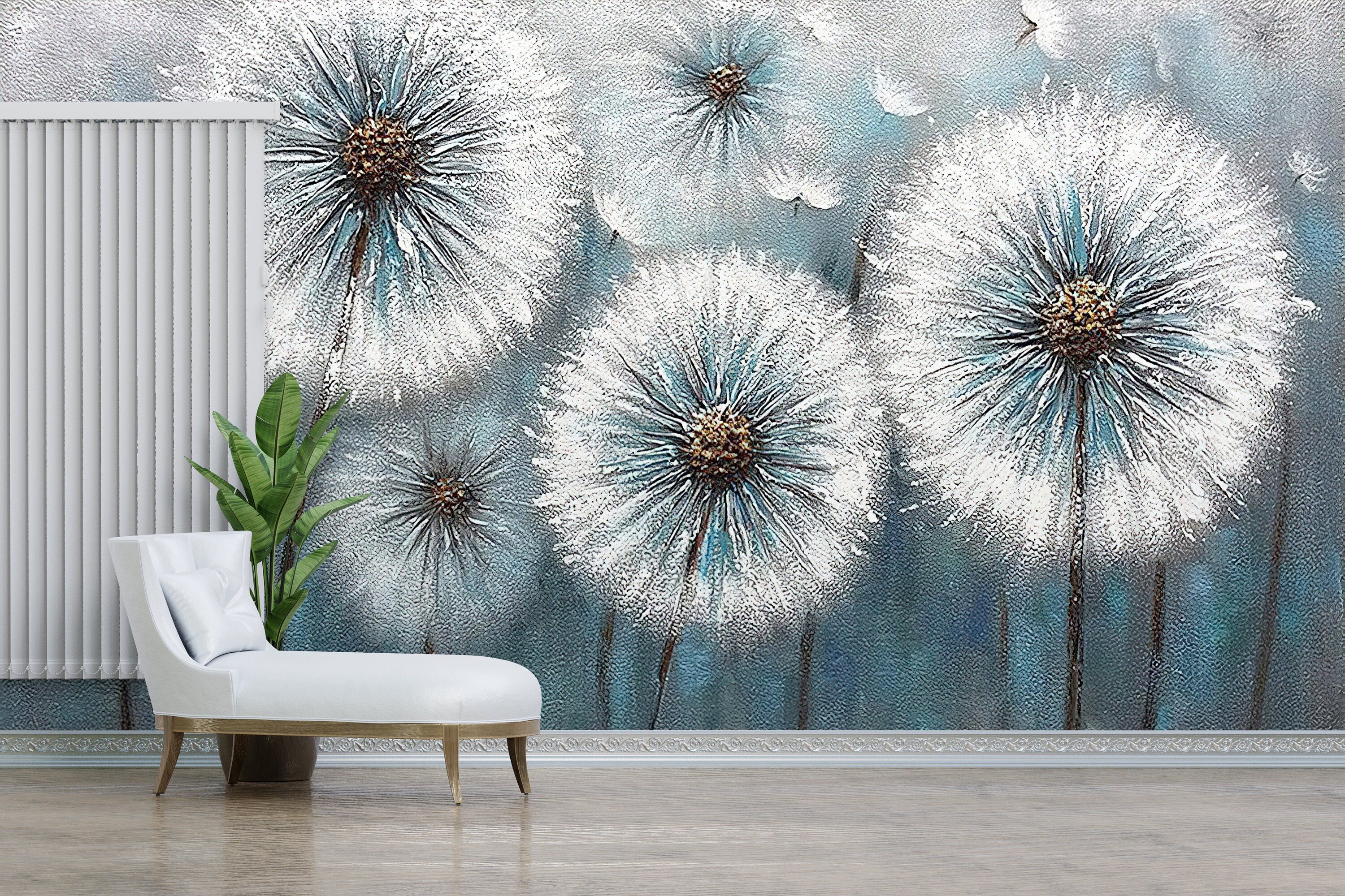 Modern Wallpaper Art, Removable Wallpaper, Gift For Him, Dandelion Mural, Dandelion Lover Gift Mural, Floral Digital Paper, 3D Wall Print,