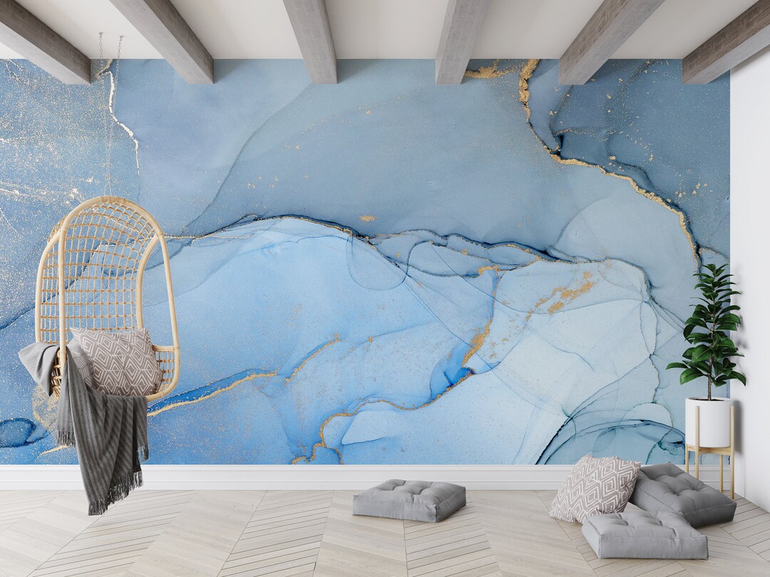 3D Wall Paper, Gold Marble Mural, Blue Tones Marble Wall Decor, Paper ...