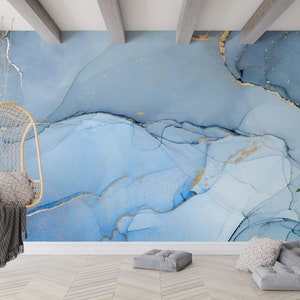 Gold Marble Wall Mural: Blue Tones Paper Wall Art
