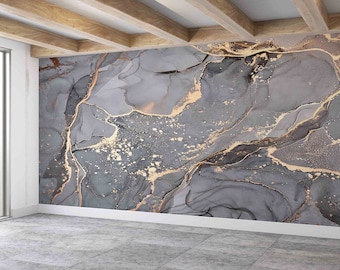 Gray And Gold Marble Wallpaper, Gold Marble Mural, Gray Marble Wall Art, Wall Decals Murals, Marble Wallpaper, Gift Wallpaper, Gray Marble ,