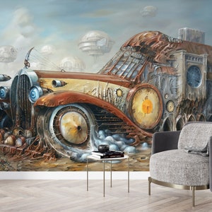 Surreal 3D Car Wallpaper: Abstract Art Deco Wall Print