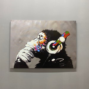 Banksy Monkey Canvas Art: Thinking Ape with Headphones Wall Decor