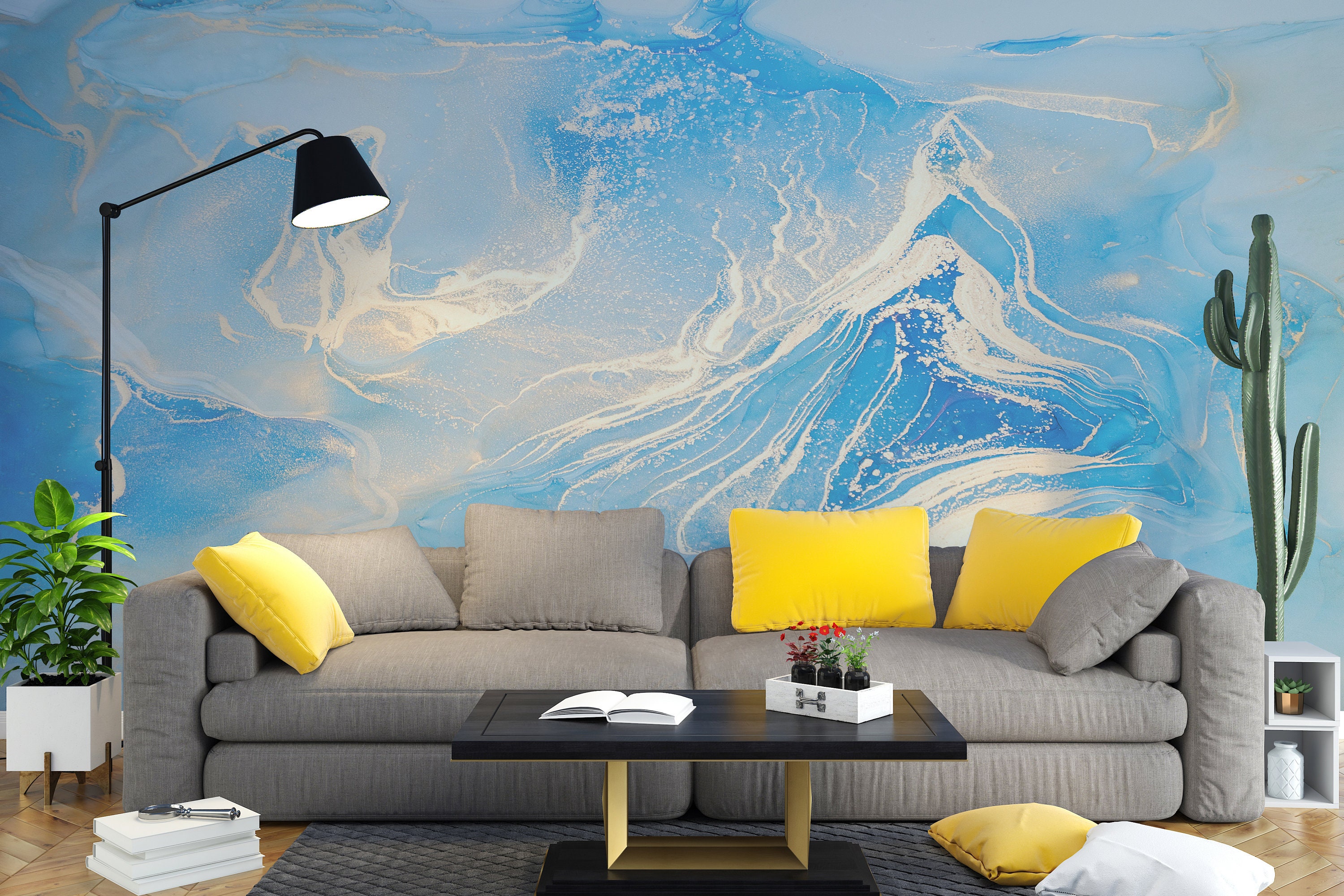 Blue and Gold Marble Wallpaper: Abstract Art Wall Mural - Etsy