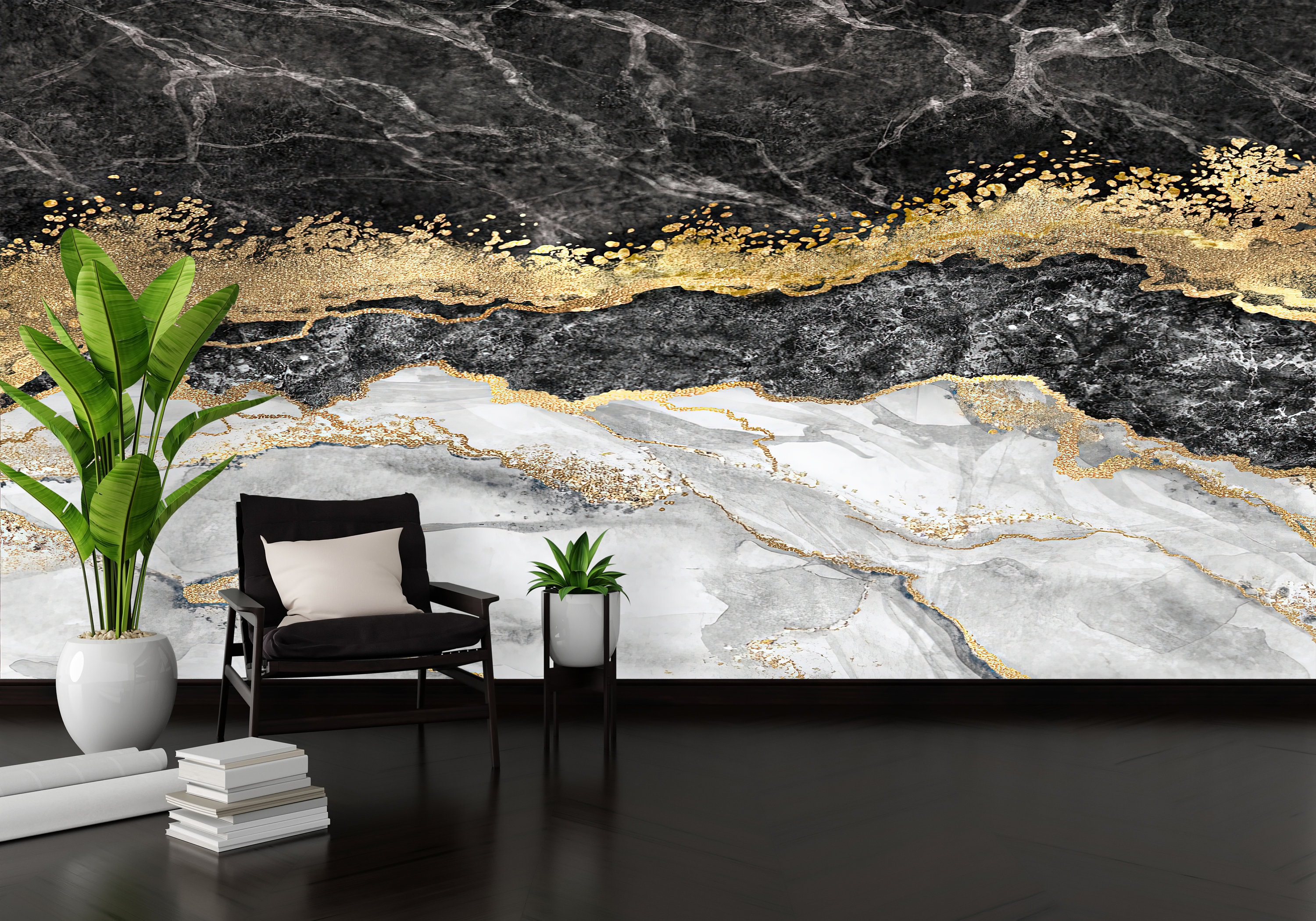 Black and Gold Marble Art, Shimmery Wall Decor, Abstract Wallpaper