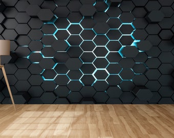 Modern Wallpaper, Removable Wallpaper, Bright Wall Paper, Gift Wallpaper, 3d Effect Black Geometric Shapes Wal Art Wall Mural, Black Mural,