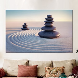 Zen Stones Art, Japanese Wall Art, Modern Artwork, 3D Canvas, Tempered Glass, Framed Wall Art, Canvas Poster, Gifts, Living Room Wall Art,