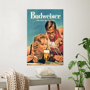 Vintage Budweiser Beer Poster Canvas Wall Art - Retro 1950s American Lifestyle Ad with Couple Drinking - Cotton Canvas for Bar Decor