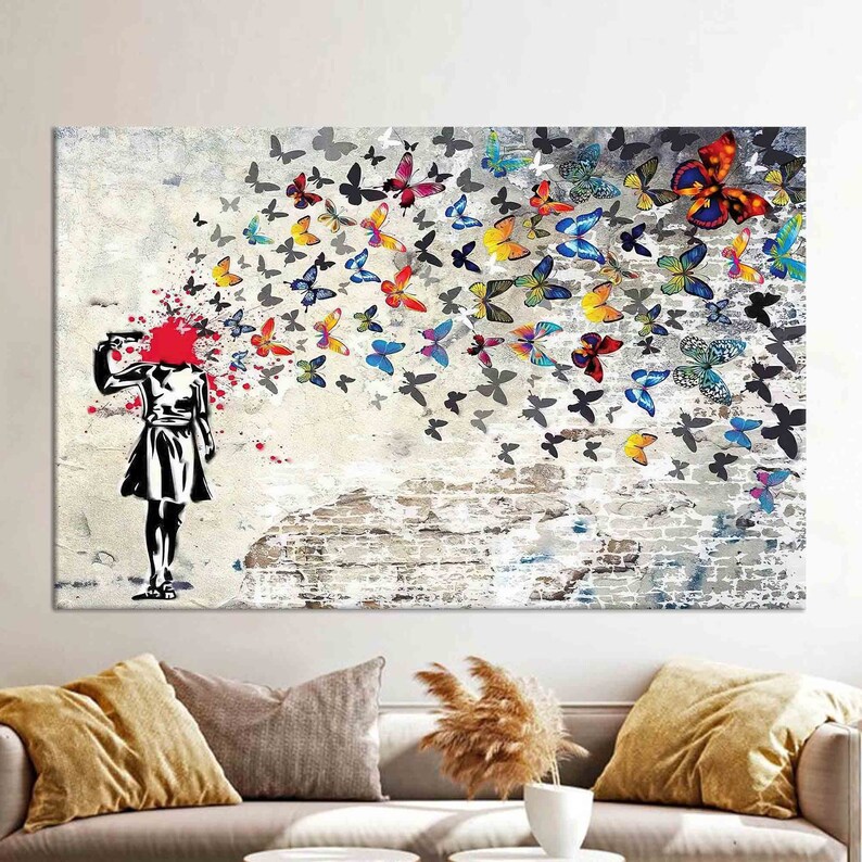 Banksy Glass Panel, Banksy Head Shot Artwork, Butterfly Girl Suicide