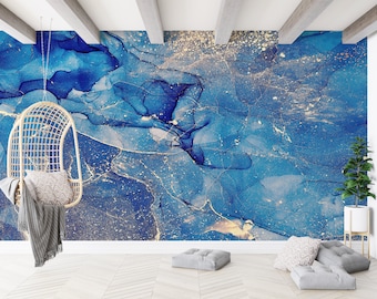 Marble Wall Art, Blue And Gold Marble Paper Art, Blue Mural, Modern Wallpaper, Gold Marble Mural, Gift Wallpaper, Wallpaper Art,