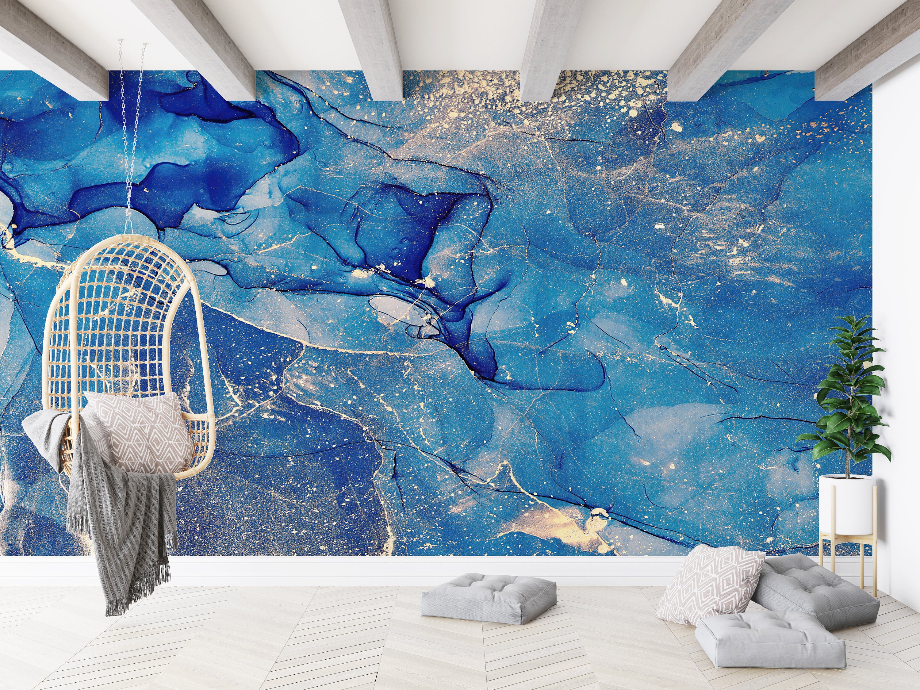 Blue and Gold Marble Wallpaper Mural: Modern Wall Art - Etsy