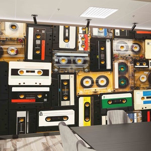 Music Wall Mural, Vintage Cassette Mural, Retro Audio Cassette Digital Paper, Cassette Wall Decor, Wall Paper Peel And Stick, Music Room Art
