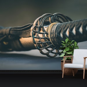 Japanese Katana Sword Wallpaper – Samurai Sword Peel and Stick Wall Mural for Man Cave or Office