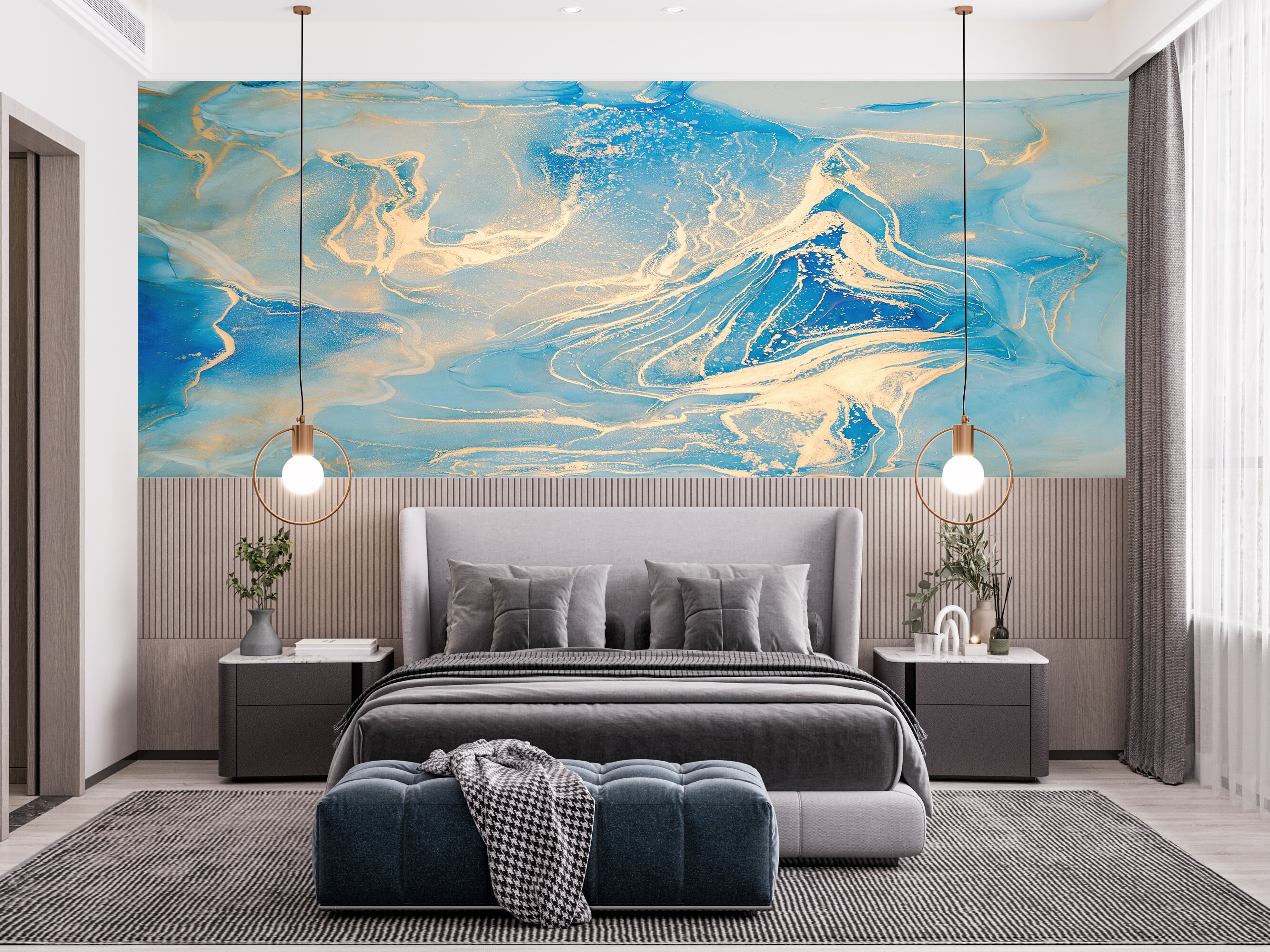 Blue and Gold Marble Wallpaper: Abstract Art Wall Mural - Etsy