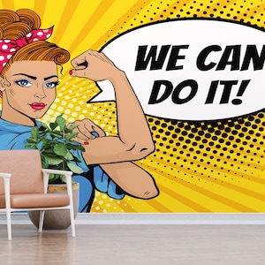 Arte "We Can Do It", Carta da parati con citazioni, Arte del potere della donna forte, Adesivi murali donna, Carta da parati 3D, Parete decorativa, Carta da parati 3D, Regalo per la casa,