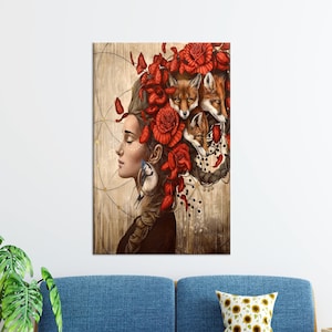 Woman With Floral Head Painted Glass, Woman Canvas Art,, Flower Head Painted Glass Wall Art, Modern Art, Tempered Glass, Canvas Wall Decor