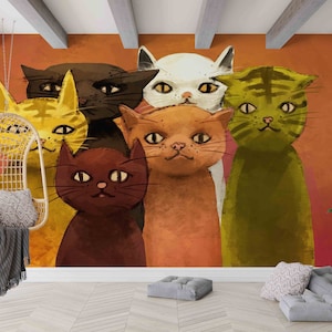 Katzen Wandbild, Sechs Katzen Malerei Papierkunst, Wandaufkleber für Kinderzimmer, Tier Wandkunst, Art Deco Tapete, Do It Yourself, Katzen Wandkunst