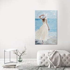 Woman in White Dress Tempered Glass Wall Art: Modern Coastal Decor