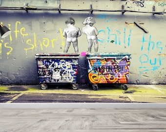 Decor For Wall, Custom Wall Paper, Gift For Him, Banksy Peeing Boys Wallpaper, Banksy Life is Short Paper Craft, Street Graffiti Wallpaper,