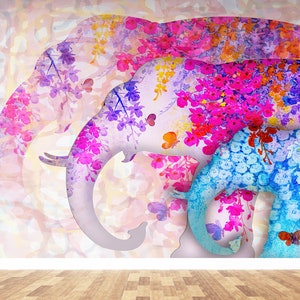 Druckbare Wandkunst, abnehmbare Wanddekoration, selbstklebendes Papier, Geschenk Tapete, Blumen drei Elefanten Wanddekor, Tier Tapete, 3D Papier