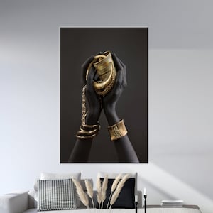 African Woman Gold Jewelry Canvas Art: Tempered Glass Wall Decor