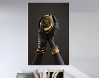 African Woman Gold Jewelry Canvas Art: Tempered Glass Wall Decor