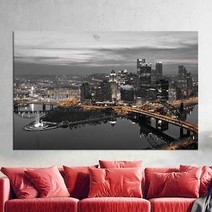 Landscape Canvas Art, Pittsburgh Glass Art, Pittsburgh Pennsylvania Night Panoramic Glass Wall Art, City Wall Decor, Gift For Him Art Canvas
