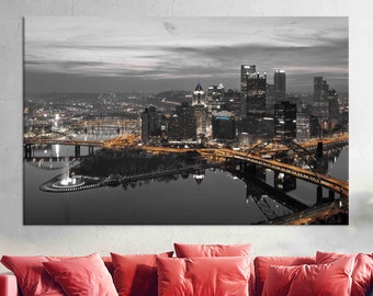 Landscape Canvas Art, Pittsburgh Glass Art, Pittsburgh Pennsylvania Night Panoramic Glass Wall Art, City Wall Decor, Gift For Him Art Canvas