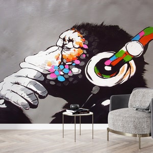DJ Monkey Graffiti Wallpaper: Banksy Style Wall Decor