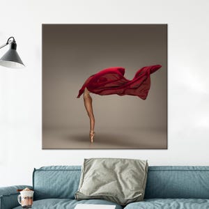 Elegant Ballerina Canvas Wall Art, Red Fabric and Beige Background Dance Motion Abstraction - Cotton Canvas Poster for Graceful Modern Decor
