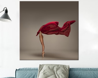 Ballerina Dance Canvas Art: Red Fabric Beige Abstract, Modern Wall Decor