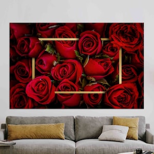 Rose Wall Decor, Rose Pattern Printed, Red Wall Art, Tempered Glass, 3D Wall Art, Framed Canvas, Personalized Gift, Botanical Wall Decor,