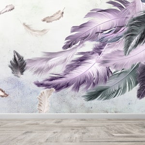 Arte con piume viola e grigie, stampa artistica in 3D, carta da parati con piume, murale moderno, carta da parati regalo, parete decorativa, rivestimento murale, arredamento per la casa,