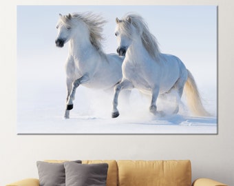 White Horses Running in the Snow Canvas Art, Contemporary Art, White Wall Decoration, Winter Glass Decor, Animal Art Decor, Tempered Glass