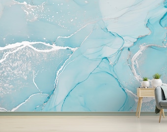 Silver Marble Wall Print, Shimmery Wall Mural, Marble Wall Decor, Gift Wallpaper, Turquoise Marble Wall Decor, 3D Paper Art, Soft Tones Art,