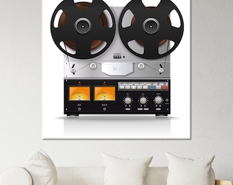May include: A vintage reel-to-reel tape recorder with two large black spools, a silver faceplate with the text "HI-FI", and a black control panel with orange level meters labeled "LEFT" and "RIGHT".