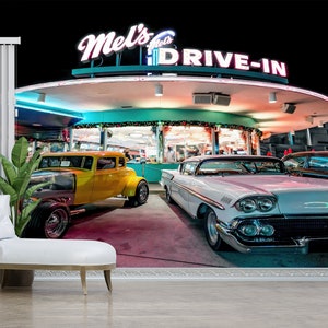 Vintage Drive Art, Landschafts-Tapete, Retro-Autos-Tapete, Auto-Tapete, modernes Wandtattoo, Retro-Wanddekor, Papercraft 3D, Akzent-Wand