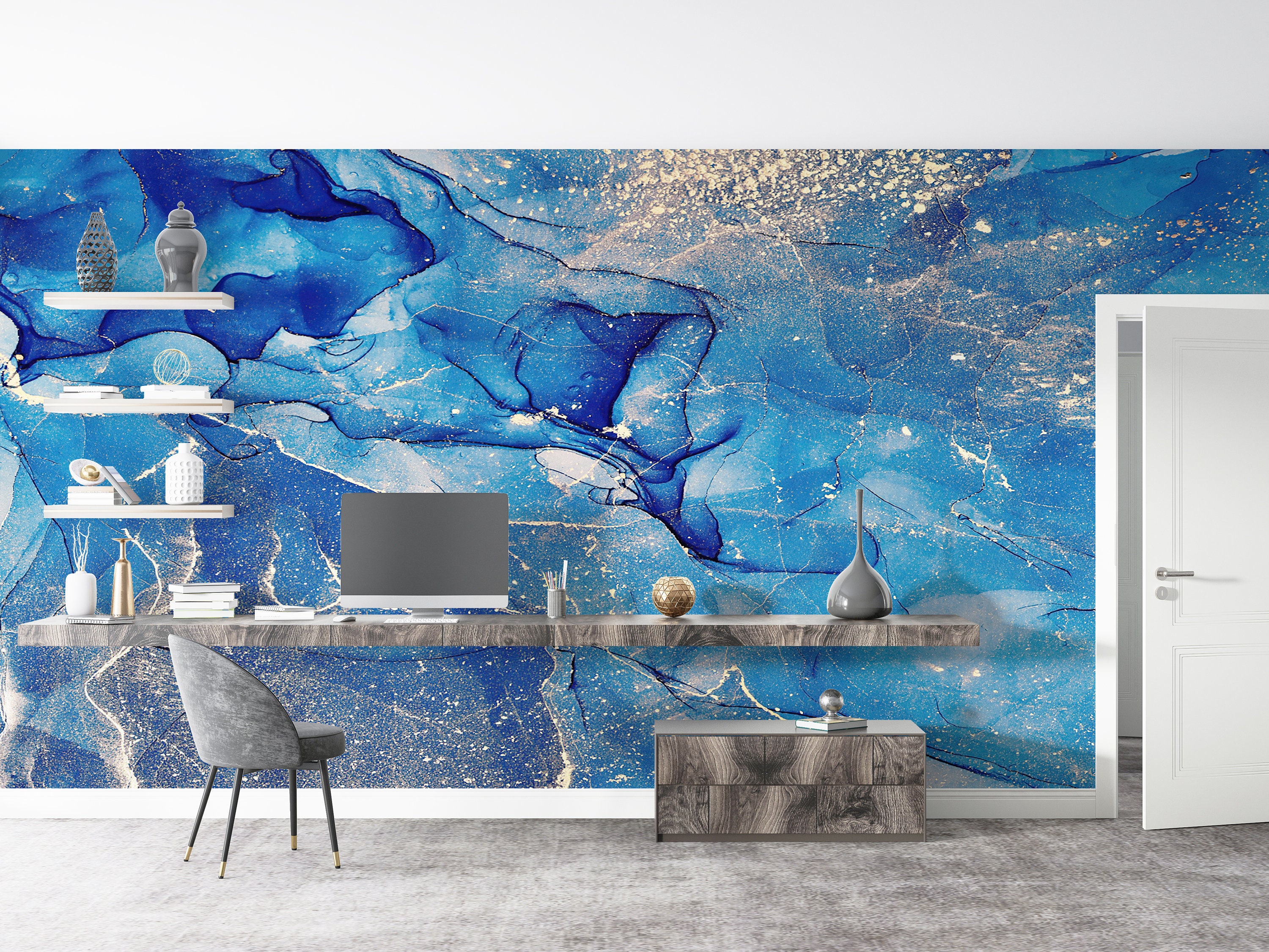 Blue and Gold Marble Wallpaper Mural: Modern Wall Art - Etsy