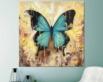 Abstract Butterfly Tempered Glass Wall Art: Blue Animal Decor