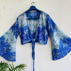 70s Silk Bell Sleeve Crop Top: Boho Festival Wrap