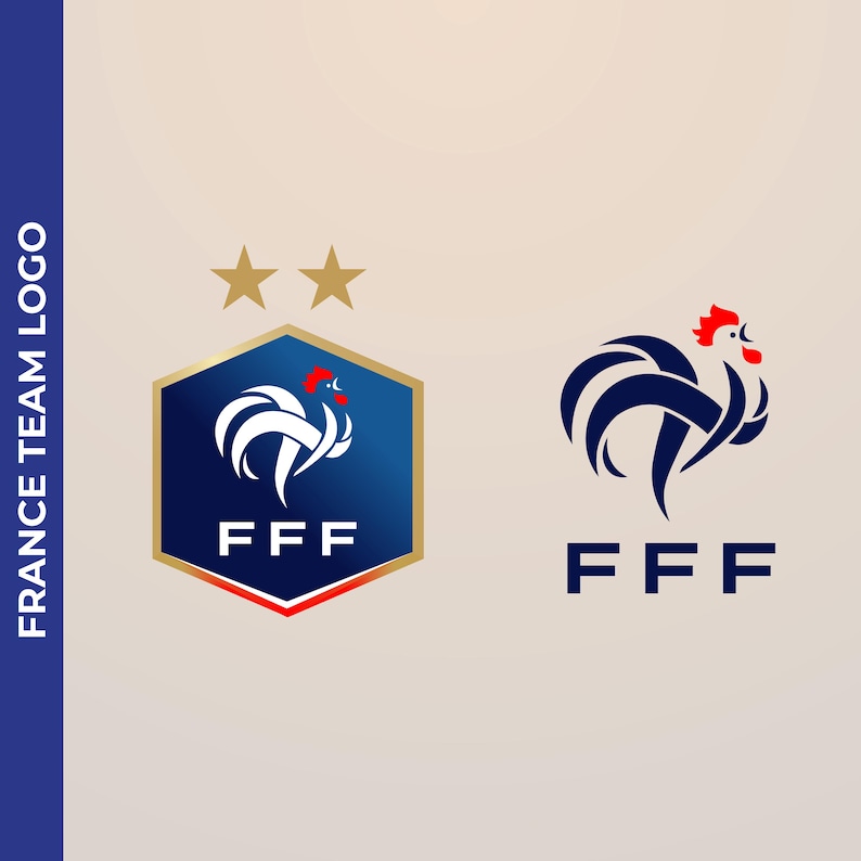 May include: The image shows the France national team logo. The logo features a white and red rooster design on a blue background, with the letters "FFF" below. Two gold stars are above the logo. The design is repeated.