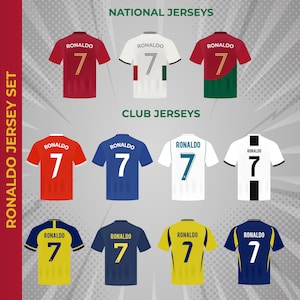 以下が含まれることがあります： ロナウドのサッカーユニフォームのコレクション。赤、白、青、黄色の様々なユニフォームが写っており、それぞれに背番号7と「ロナウド」の名前が記されています。ユニフォームは「ナショナルジャージ」と「クラブジャージ」に分類されています。