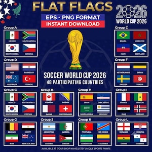 May include: A digital graphic featuring the text FLAT FLAGS, WORLD CUP 2026, and SOCCER WORLD CUP 2026 48 PARTICIPATING COUNTRIES. The design displays a gold trophy illustration surrounded by national flags organized into groups A through L.